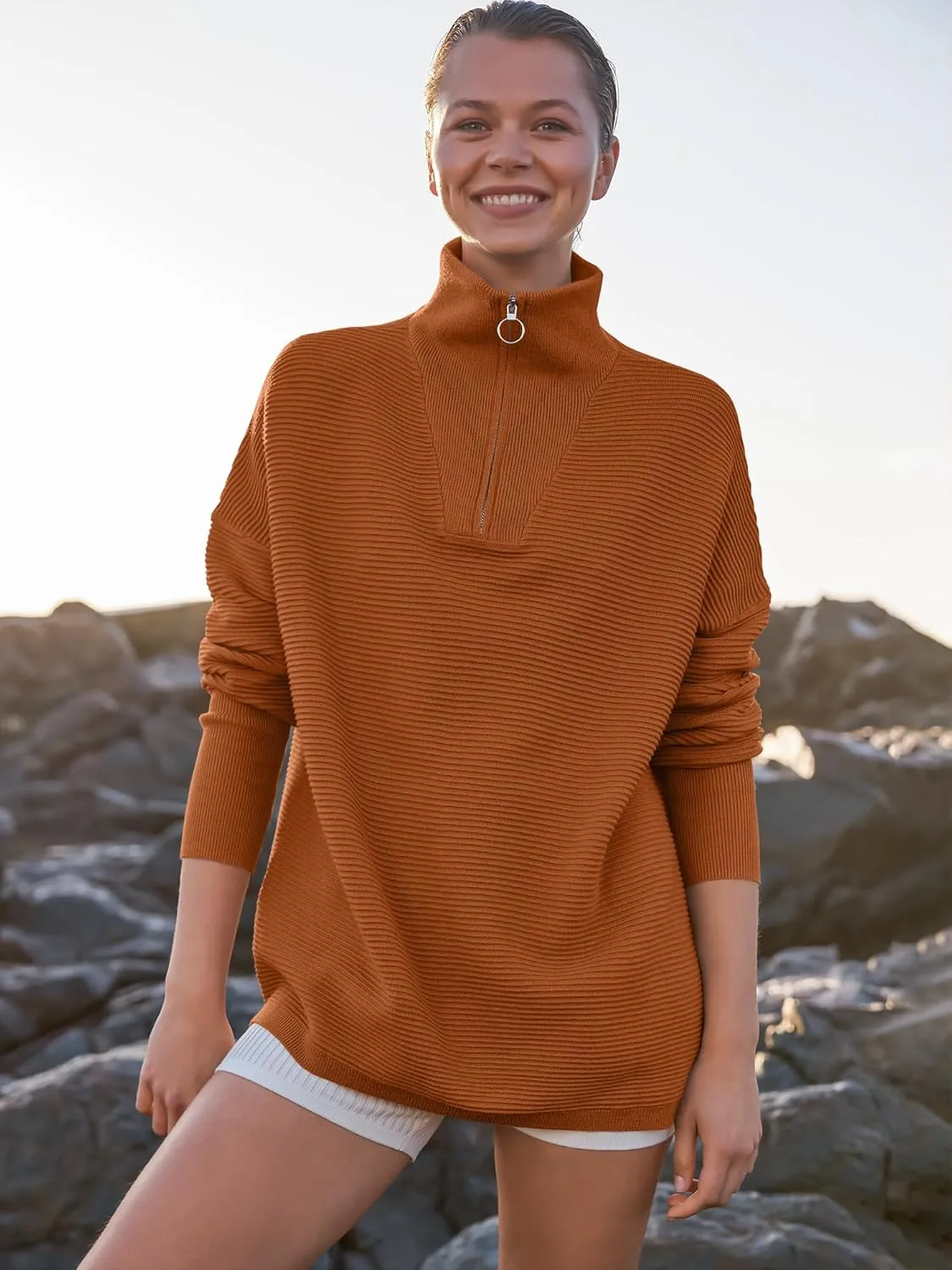 ANRABESS Women Quarter Zip Oversized Casual Loose Rib Knit Cozy Pullover Sweaters Top 2025 Fall Fashion Outfits Clothes