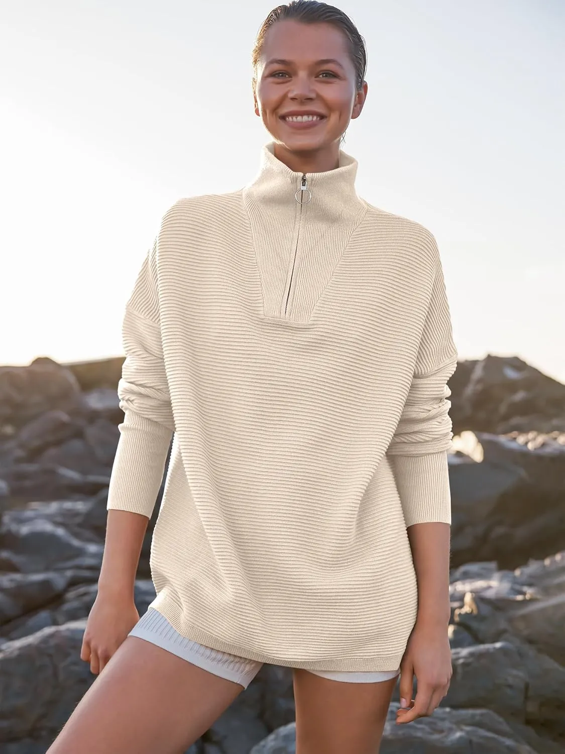 ANRABESS Women Quarter Zip Oversized Casual Loose Rib Knit Cozy Pullover Sweaters Top 2025 Fall Fashion Outfits Clothes