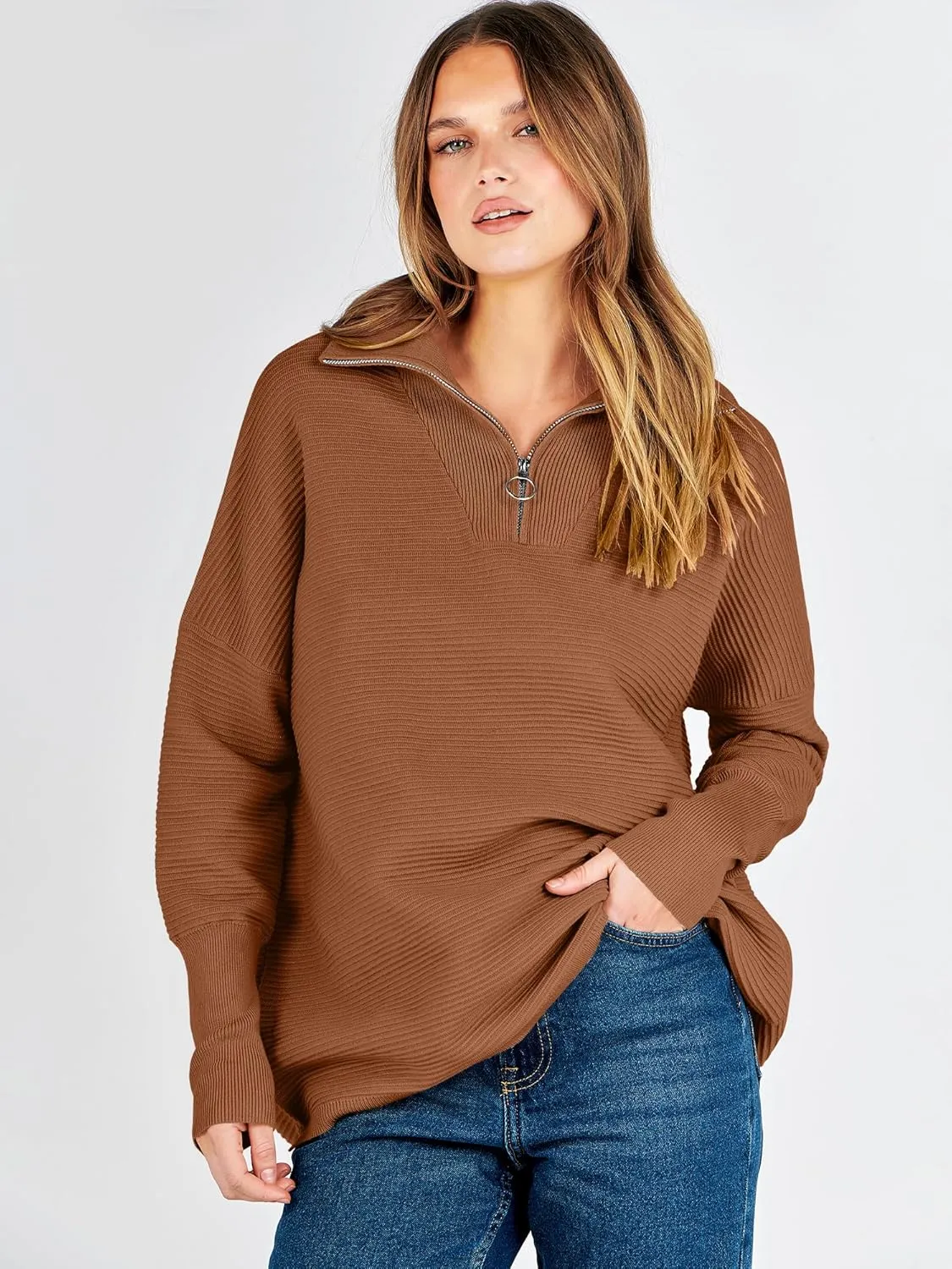 ANRABESS Women Quarter Zip Oversized Casual Loose Rib Knit Cozy Pullover Sweaters Top 2025 Fall Fashion Outfits Clothes