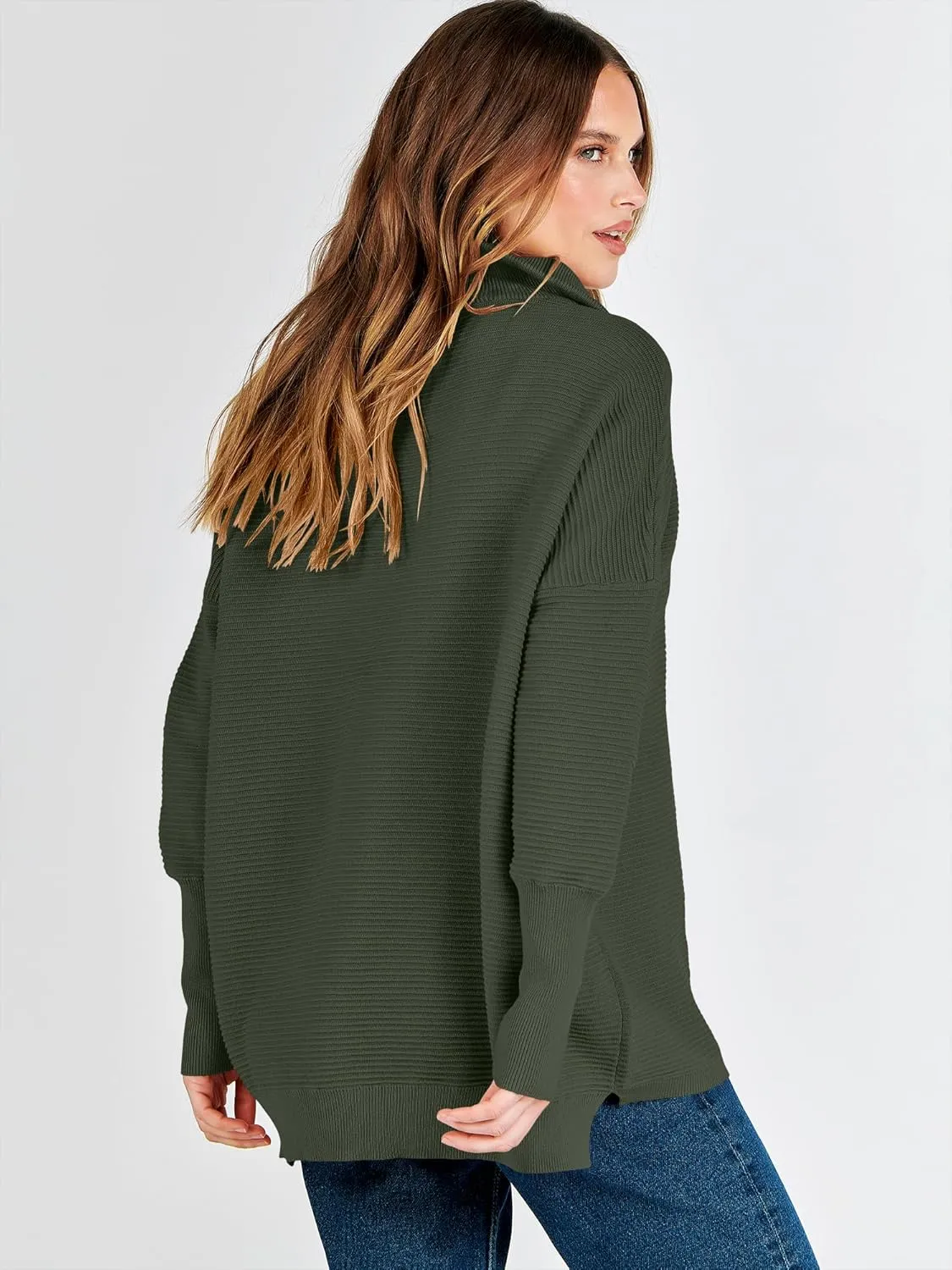 ANRABESS Women Quarter Zip Oversized Casual Loose Rib Knit Cozy Pullover Sweaters Top 2025 Fall Fashion Outfits Clothes