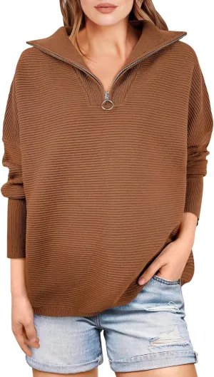 ANRABESS Women Quarter Zip Oversized Casual Loose Rib Knit Cozy Pullover Sweaters Top 2025 Fall Fashion Outfits Clothes