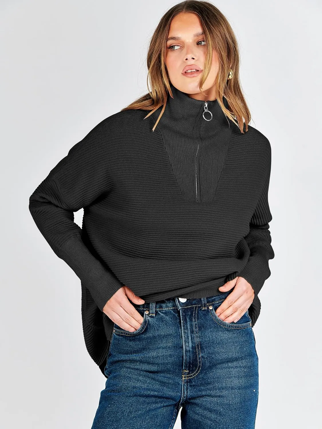 ANRABESS Women Quarter Zip Oversized Casual Loose Rib Knit Cozy Pullover Sweaters Top 2025 Fall Fashion Outfits Clothes
