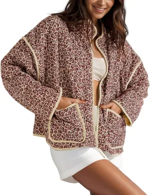 Arssm Women Floral Quilted Puffer Jacket Cropped Lightweight Patchwork Vintage Padded Short Coat Outerwear