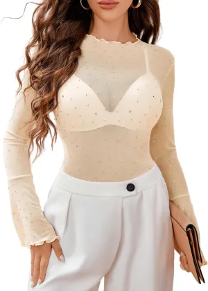 Avidlove Women Mesh Tops Rhinestone Tops Long Bell Sleeve Blouses Glitter Shirts Sexy Clubwear Outfits S-XXL
