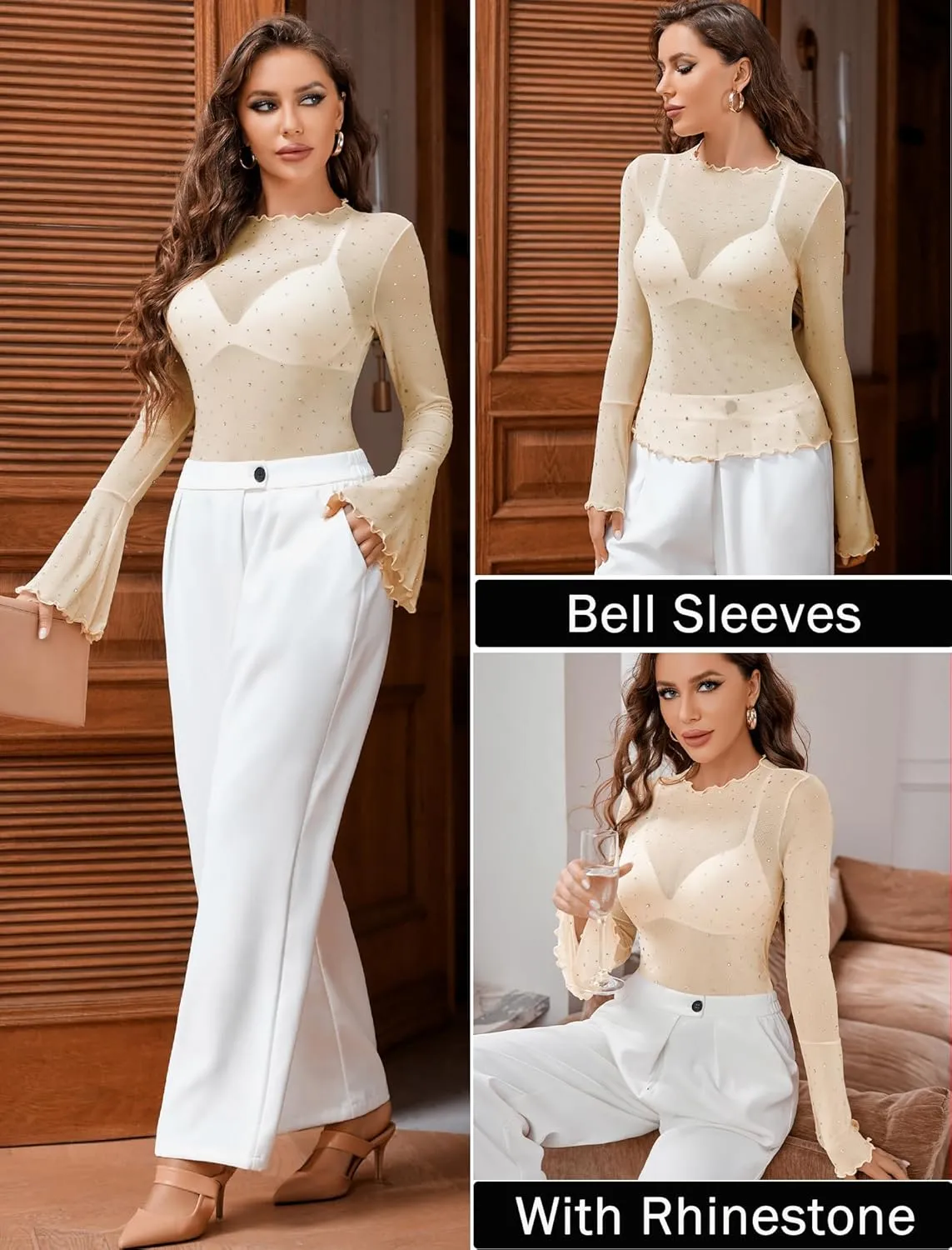 Avidlove Women Mesh Tops Rhinestone Tops Long Bell Sleeve Blouses Glitter Shirts Sexy Clubwear Outfits S-XXL