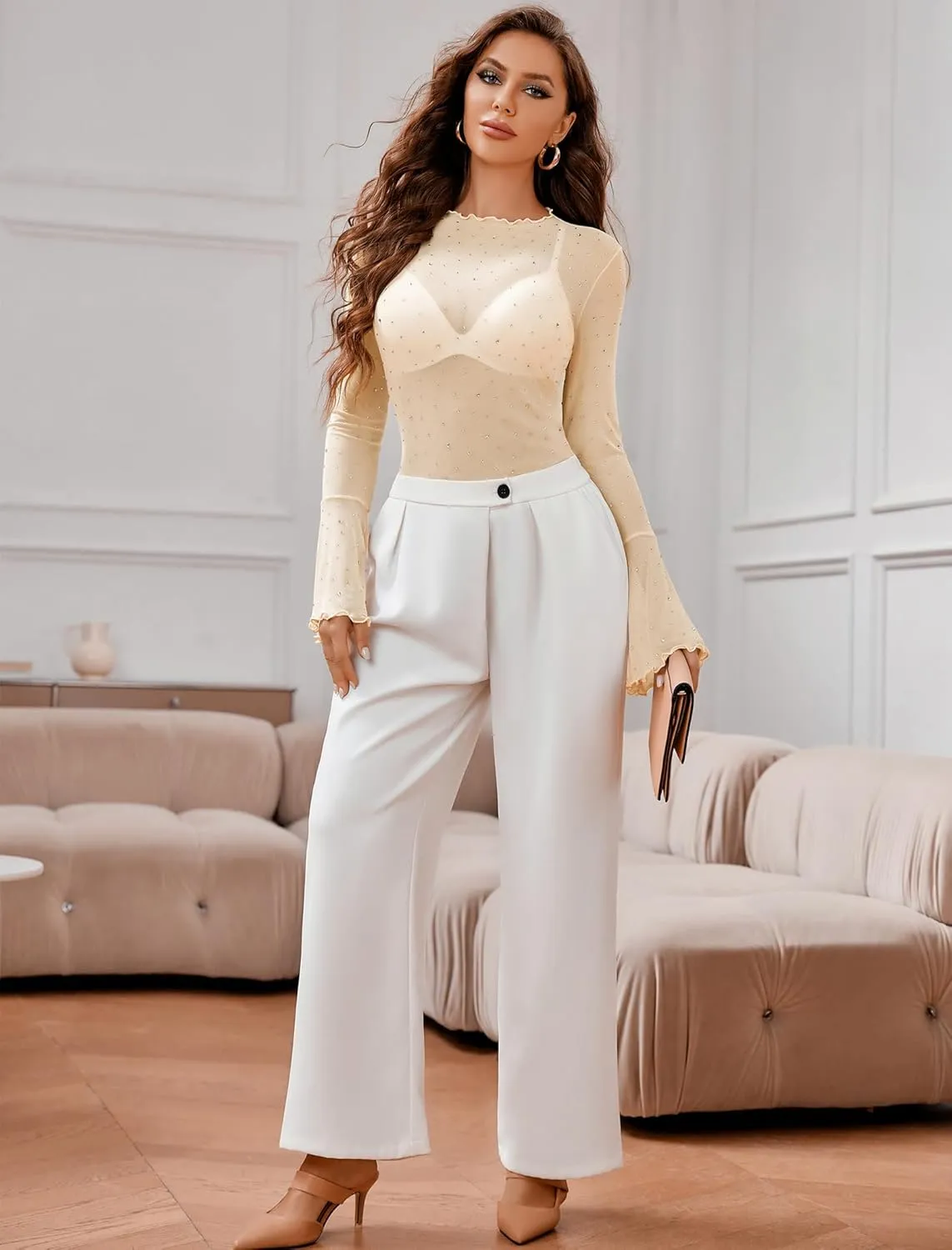 Avidlove Women Mesh Tops Rhinestone Tops Long Bell Sleeve Blouses Glitter Shirts Sexy Clubwear Outfits S-XXL