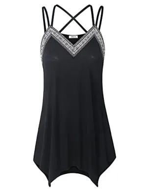 AxByCzD Cami Tops for Women Sexy Casual V Neck Spaghetti Strap Shirts Boho Patchwork Sleeveless Tunics Black Medium