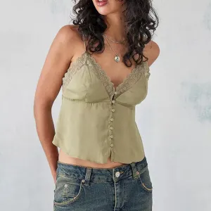 Back To School Joskaa Women's Vintage Sexy V Neck Camisoles Sleeveless Spaghetti Strap Button Down Lace Trim Aesthetic Backless Tank Tops