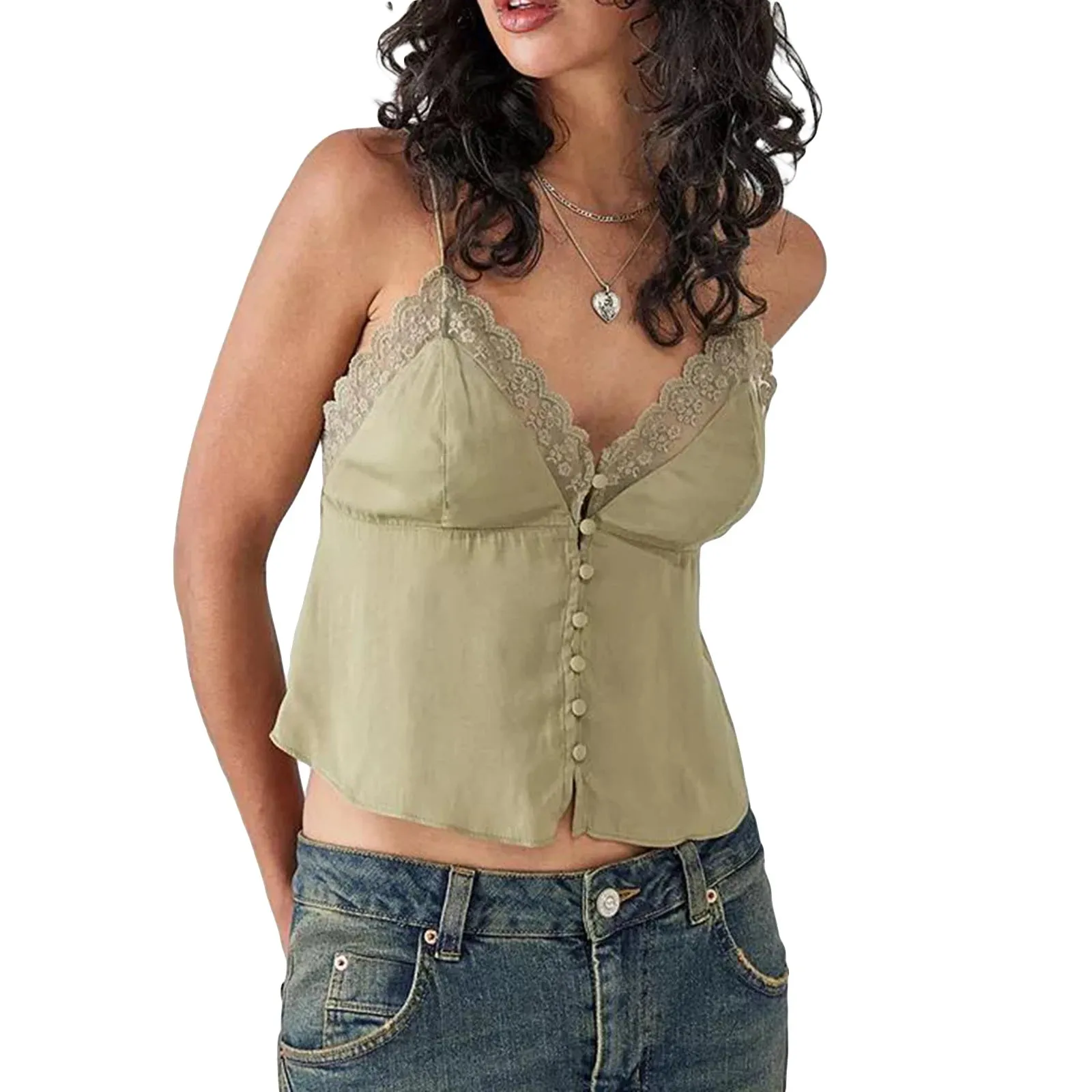 Back To School Joskaa Women's Vintage Sexy V Neck Camisoles Sleeveless Spaghetti Strap Button Down Lace Trim Aesthetic Backless Tank Tops