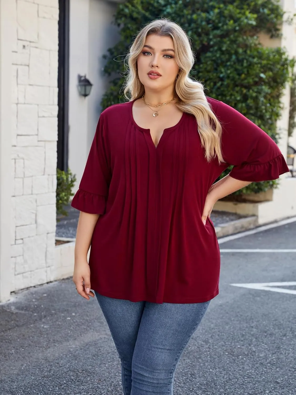 Beauhuty Women's Plus Size Shirts Dressy Casual Blouses 3/4 Bell Ruffle Sleeve Front Pleated Trendy Business Peplum Tops
