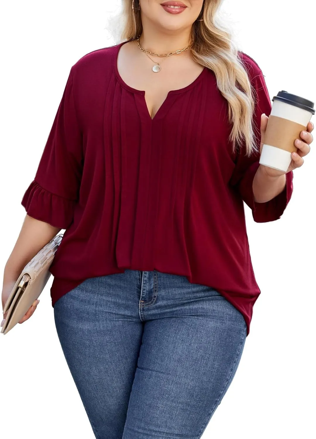 Beauhuty Women's Plus Size Shirts Dressy Casual Blouses 3/4 Bell Ruffle Sleeve Front Pleated Trendy Business Peplum Tops