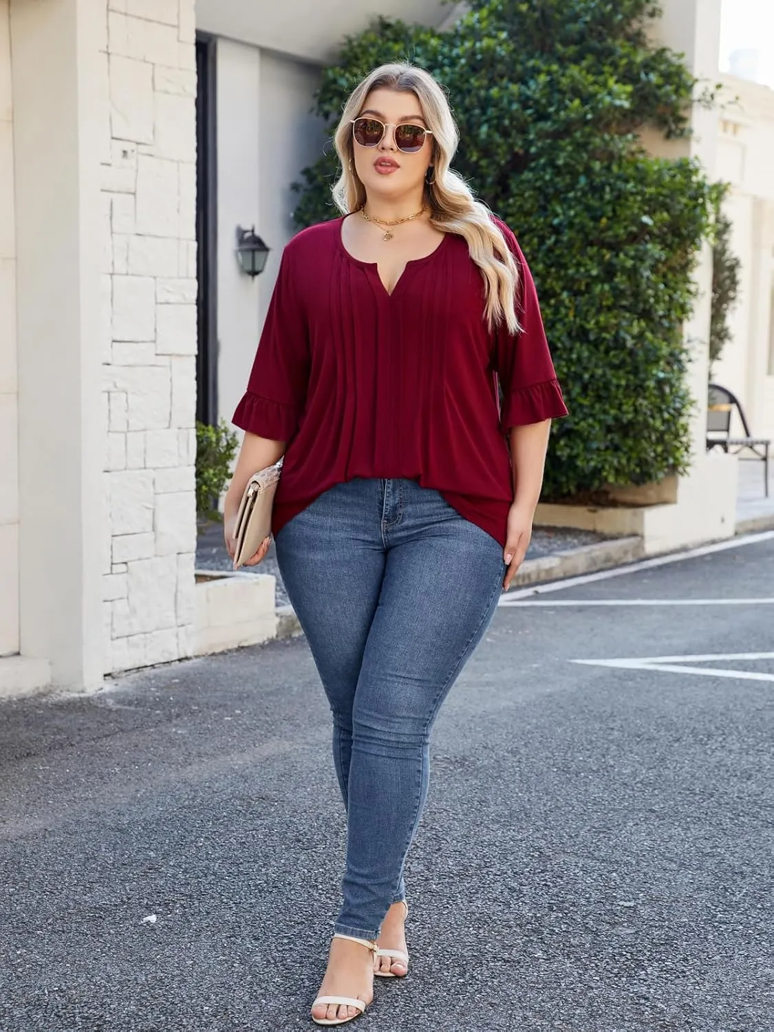 Beauhuty Women's Plus Size Shirts Dressy Casual Blouses 3/4 Bell Ruffle Sleeve Front Pleated Trendy Business Peplum Tops
