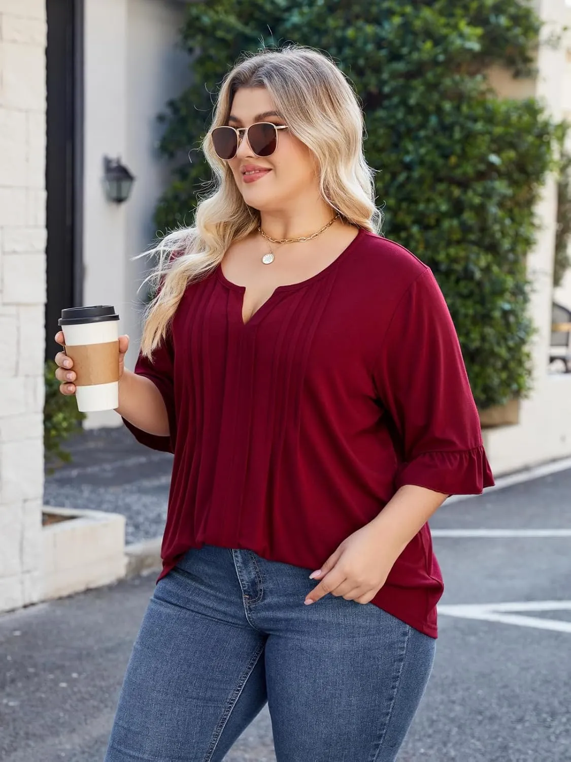 Beauhuty Women's Plus Size Shirts Dressy Casual Blouses 3/4 Bell Ruffle Sleeve Front Pleated Trendy Business Peplum Tops