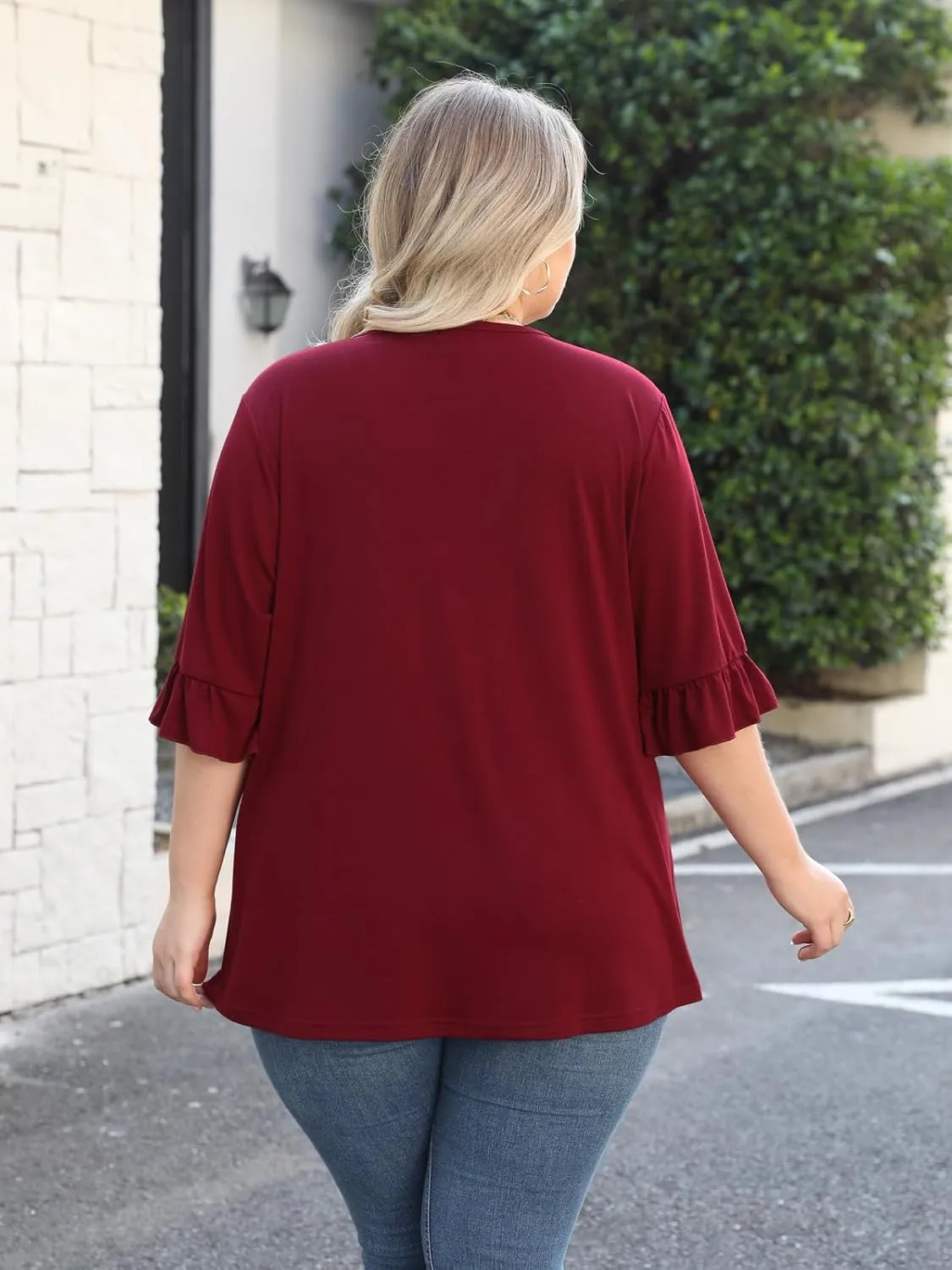 Beauhuty Women's Plus Size Shirts Dressy Casual Blouses 3/4 Bell Ruffle Sleeve Front Pleated Trendy Business Peplum Tops