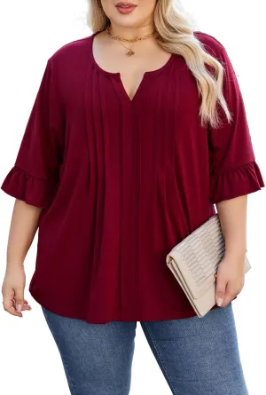 Beauhuty Women's Plus Size Shirts Dressy Casual Blouses 3/4 Bell Ruffle Sleeve Front Pleated Trendy Business Peplum Tops