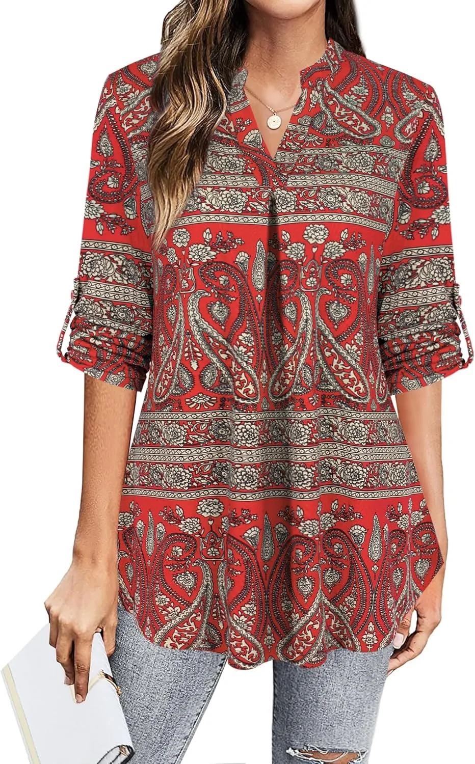 BEPEI Womens Tops Dressy Casual 3/4 Sleeve Blouses V Neck Business Work Shirts