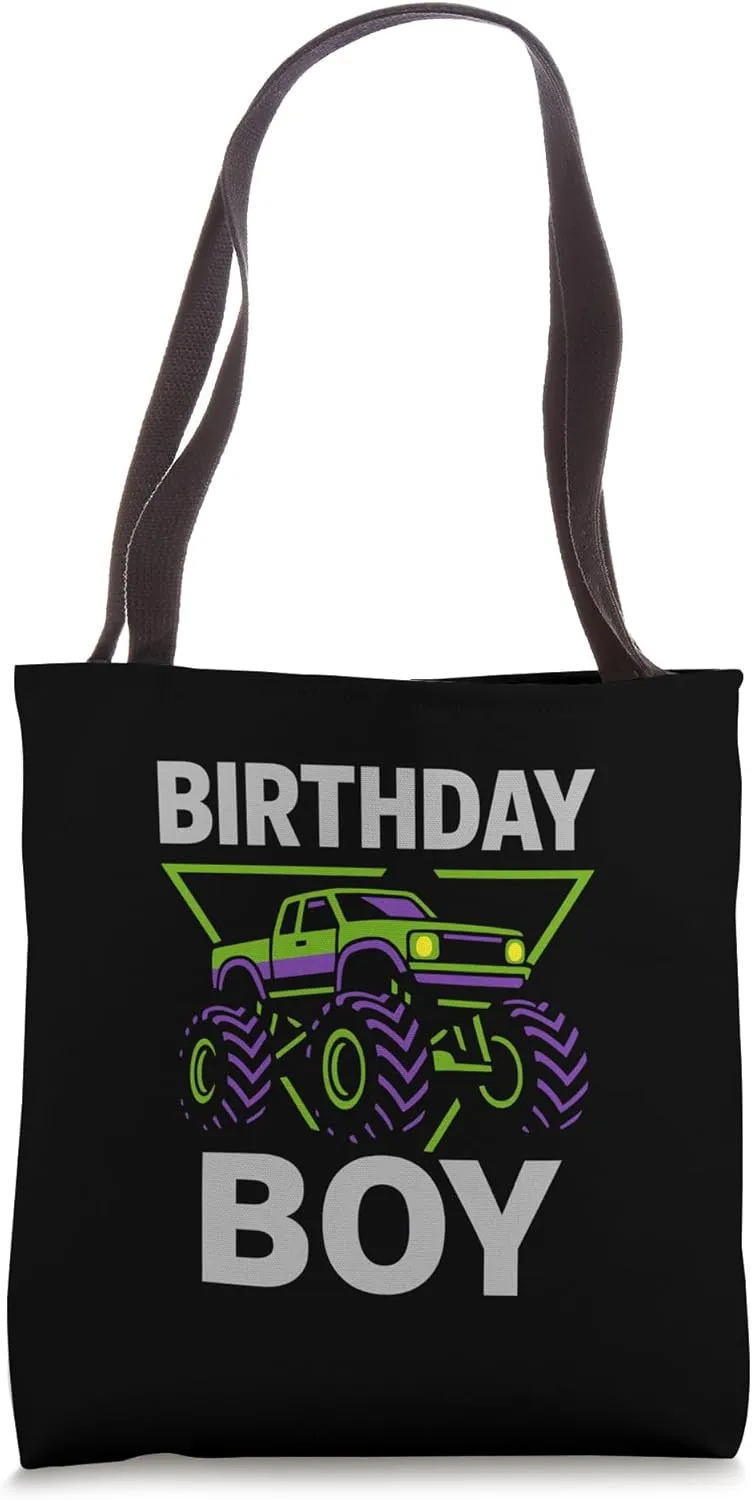 Birthday Boy Green Purple Monster Truck Party Kids Birthday Tote Bag