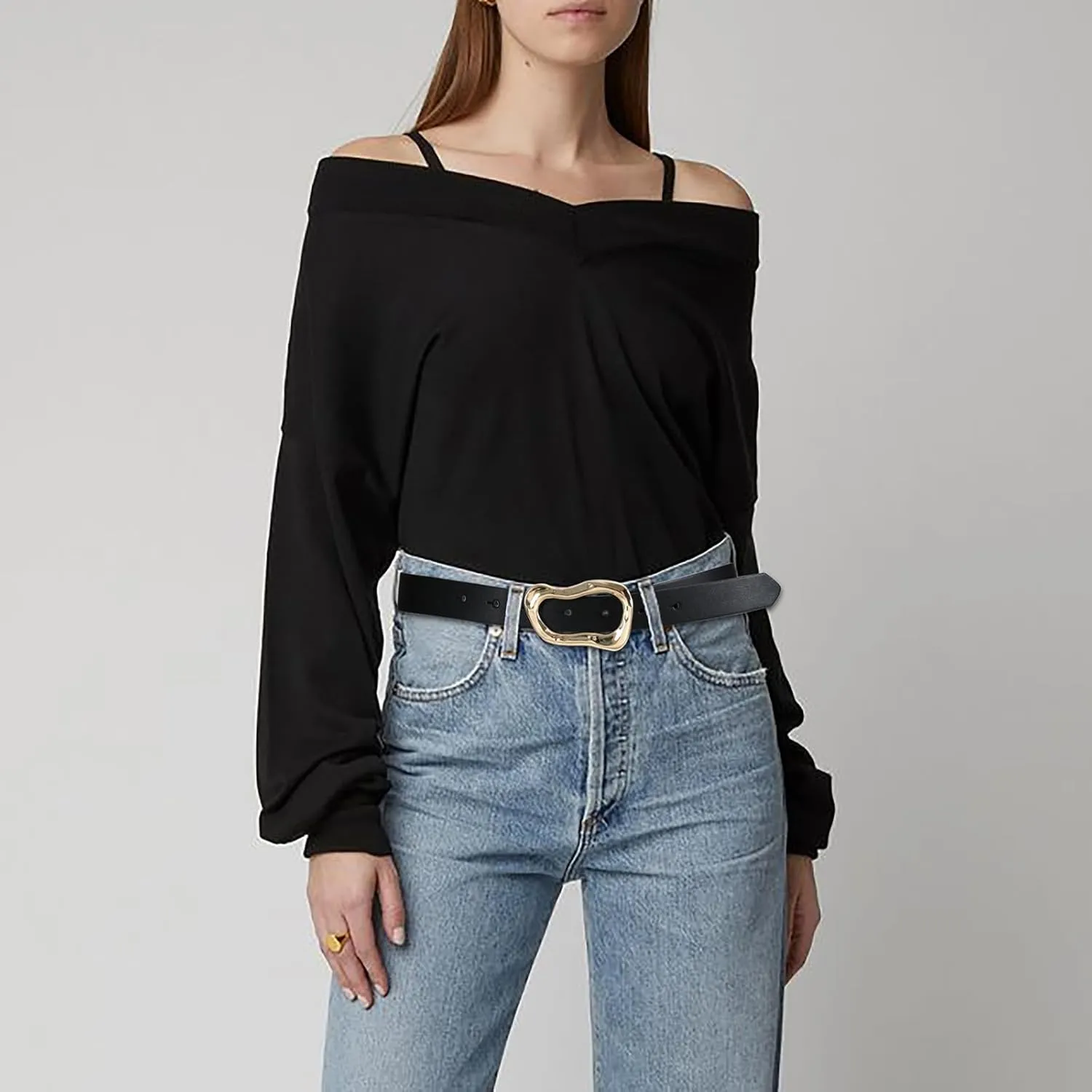 Black Belt for Women Stylish Gold Buckle Fashion Leather Waist Belt Perfect for Jeans and Dresses