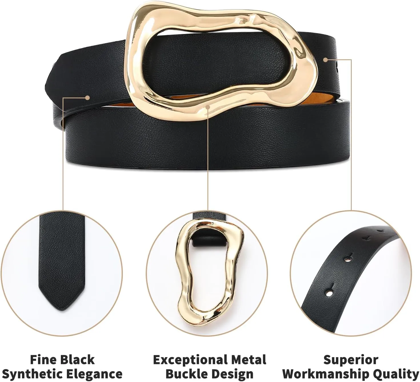 Black Belt for Women Stylish Gold Buckle Fashion Leather Waist Belt Perfect for Jeans and Dresses