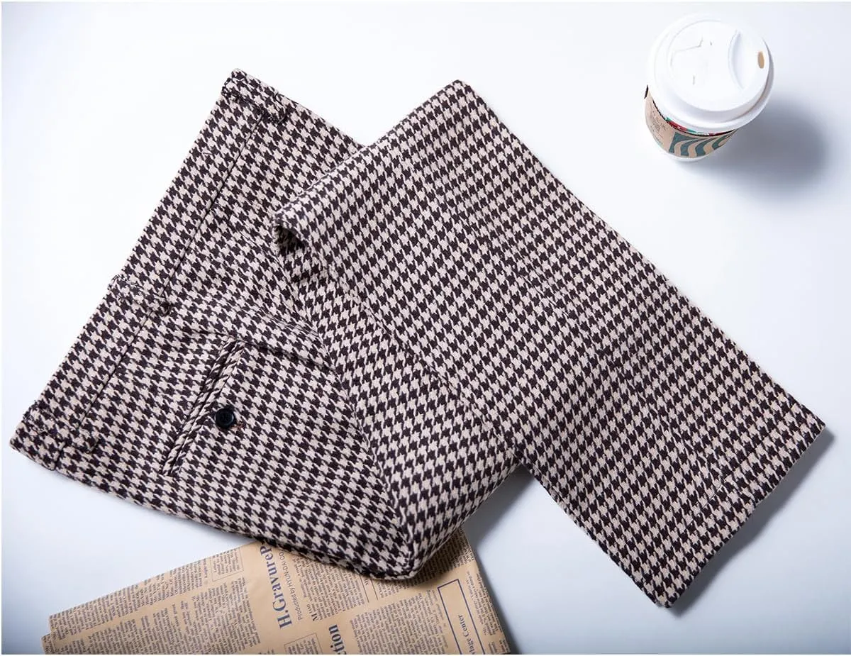 Black Tweed Plaid Trousers Men Casual Pants Wool Formal Suit Pants Men
