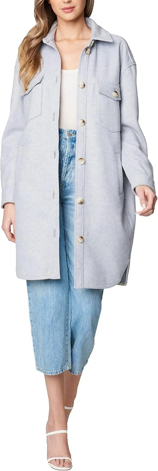 [BLANKNYC] Womens Womens Faux Wool Long Shirt Jacket with Pockets, Comfortable Coat, Stylish Windbreaker