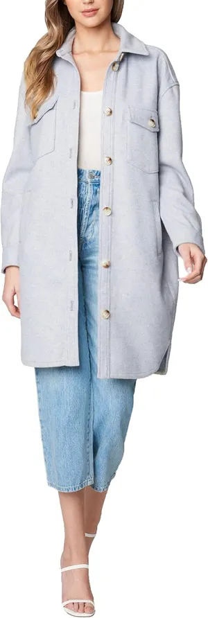 [BLANKNYC] Womens Womens Faux Wool Long Shirt Jacket with Pockets, Comfortable Coat, Stylish Windbreaker