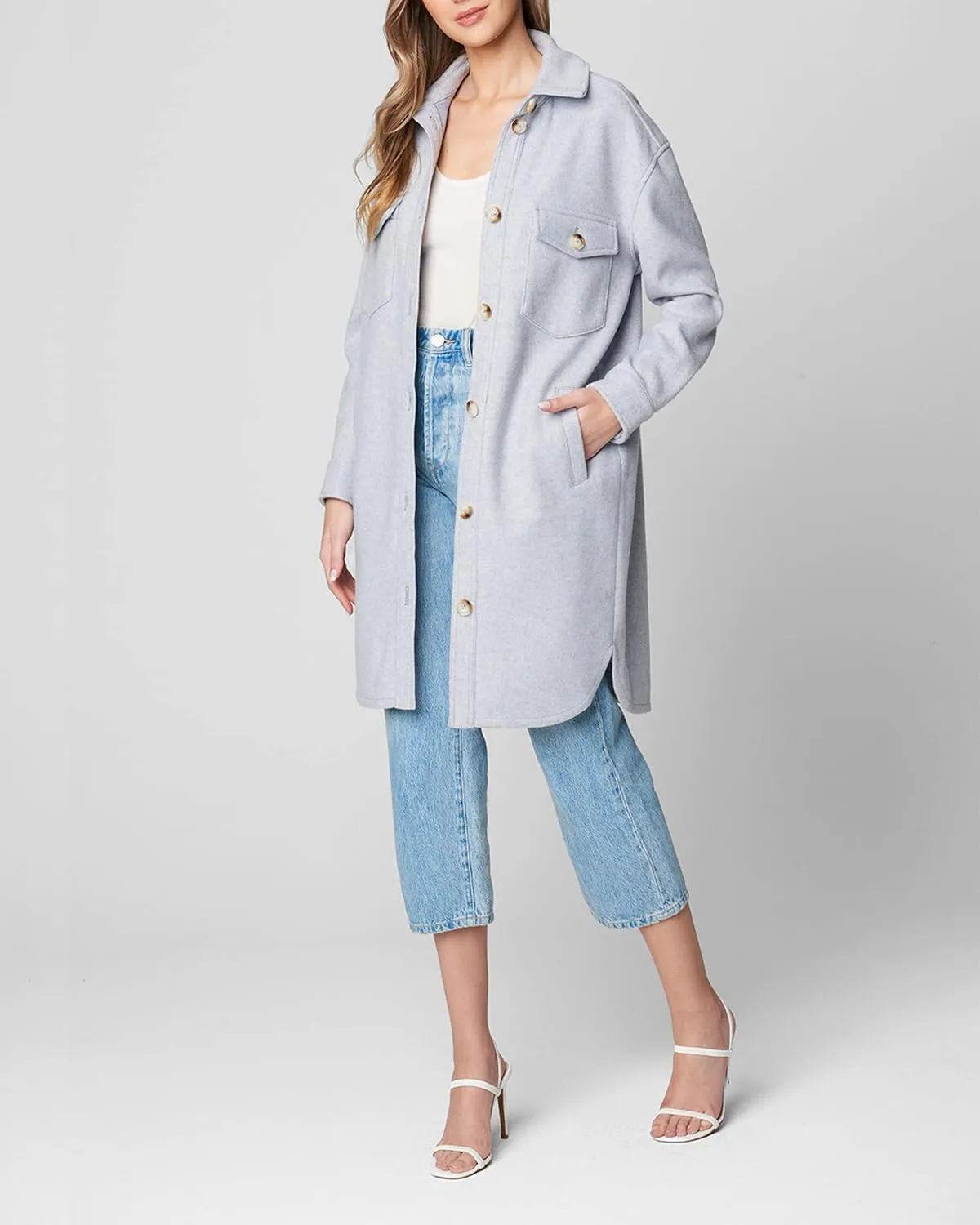 [BLANKNYC] Womens Womens Faux Wool Long Shirt Jacket with Pockets, Comfortable Coat, Stylish Windbreaker