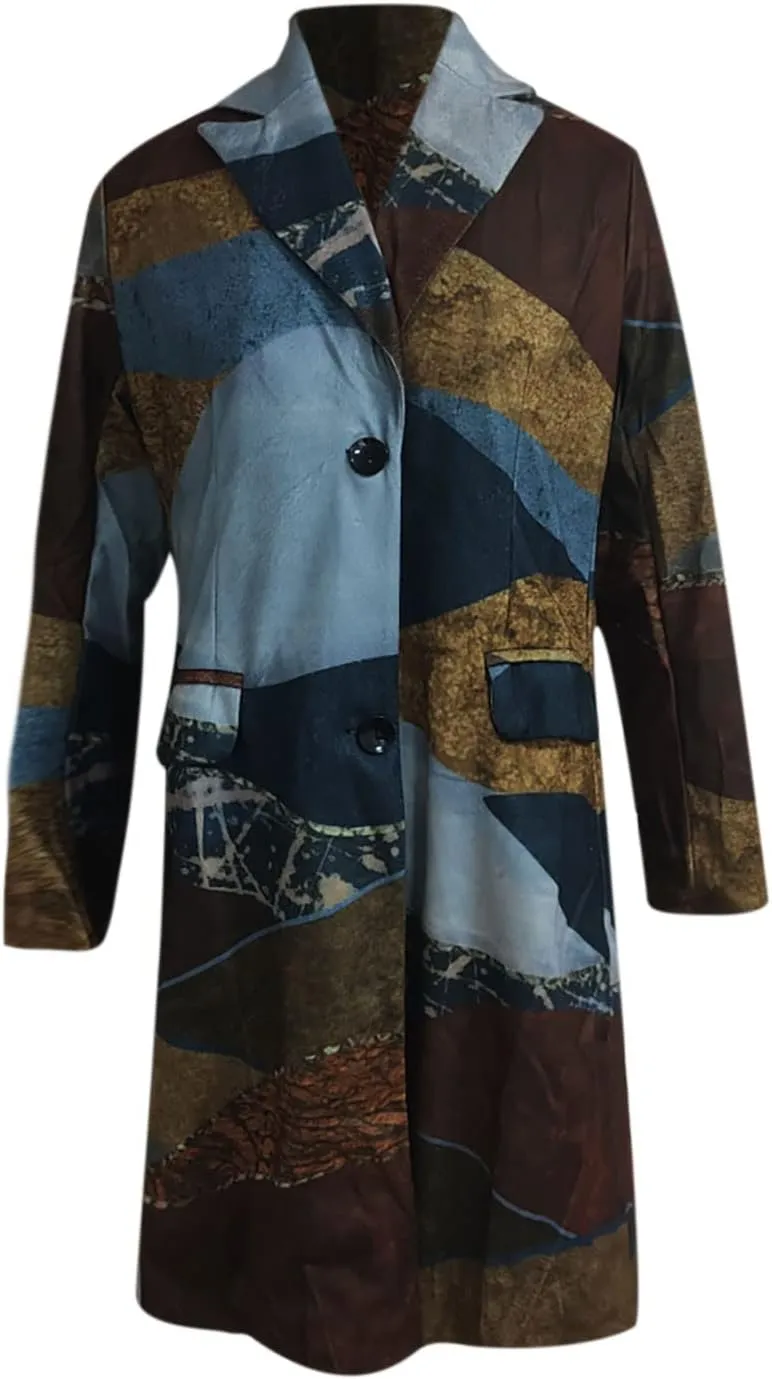 Blazers for Women Fashion Casual Fall Winter Vintage Print Long Woolen Coat Trench Coat Classic Lapel Button Jacket