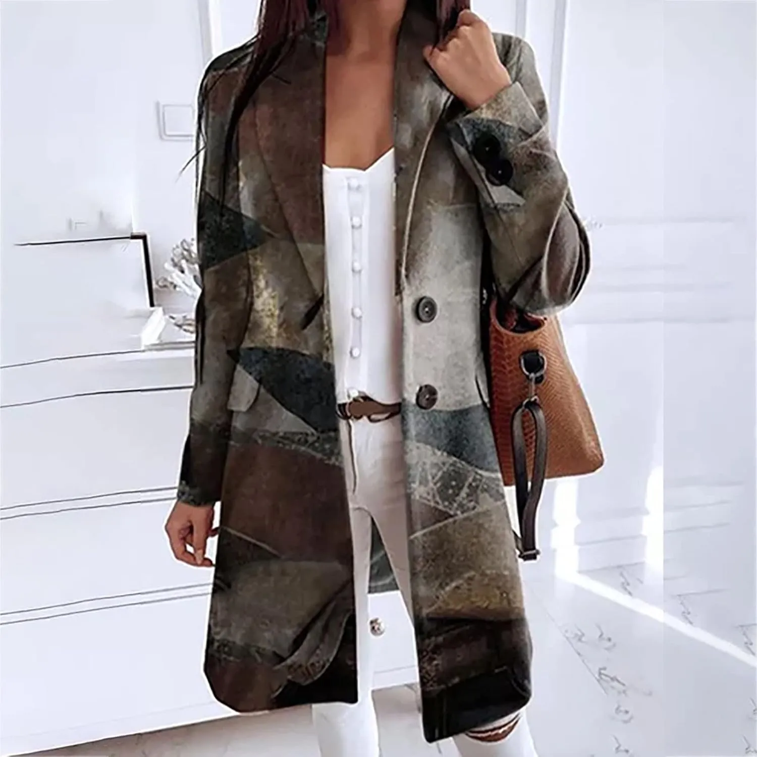 Blazers for Women Fashion Casual Fall Winter Vintage Print Long Woolen Coat Trench Coat Classic Lapel Button Jacket
