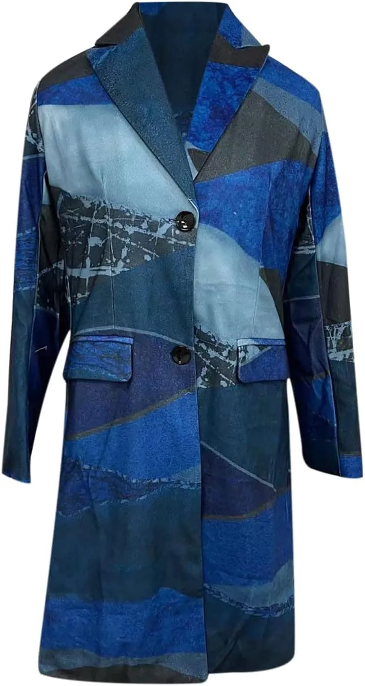 Blazers for Women Fashion Casual Fall Winter Vintage Print Long Woolen Coat Trench Coat Classic Lapel Button Jacket