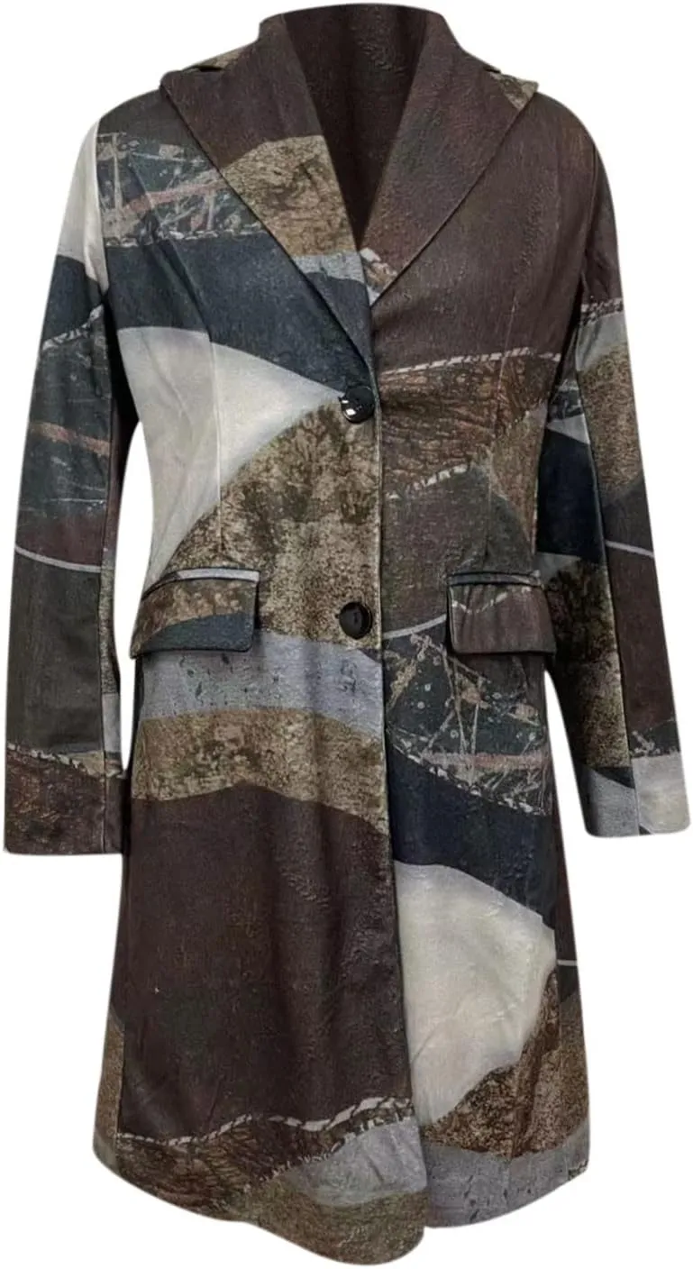 Blazers for Women Fashion Casual Fall Winter Vintage Print Long Woolen Coat Trench Coat Classic Lapel Button Jacket