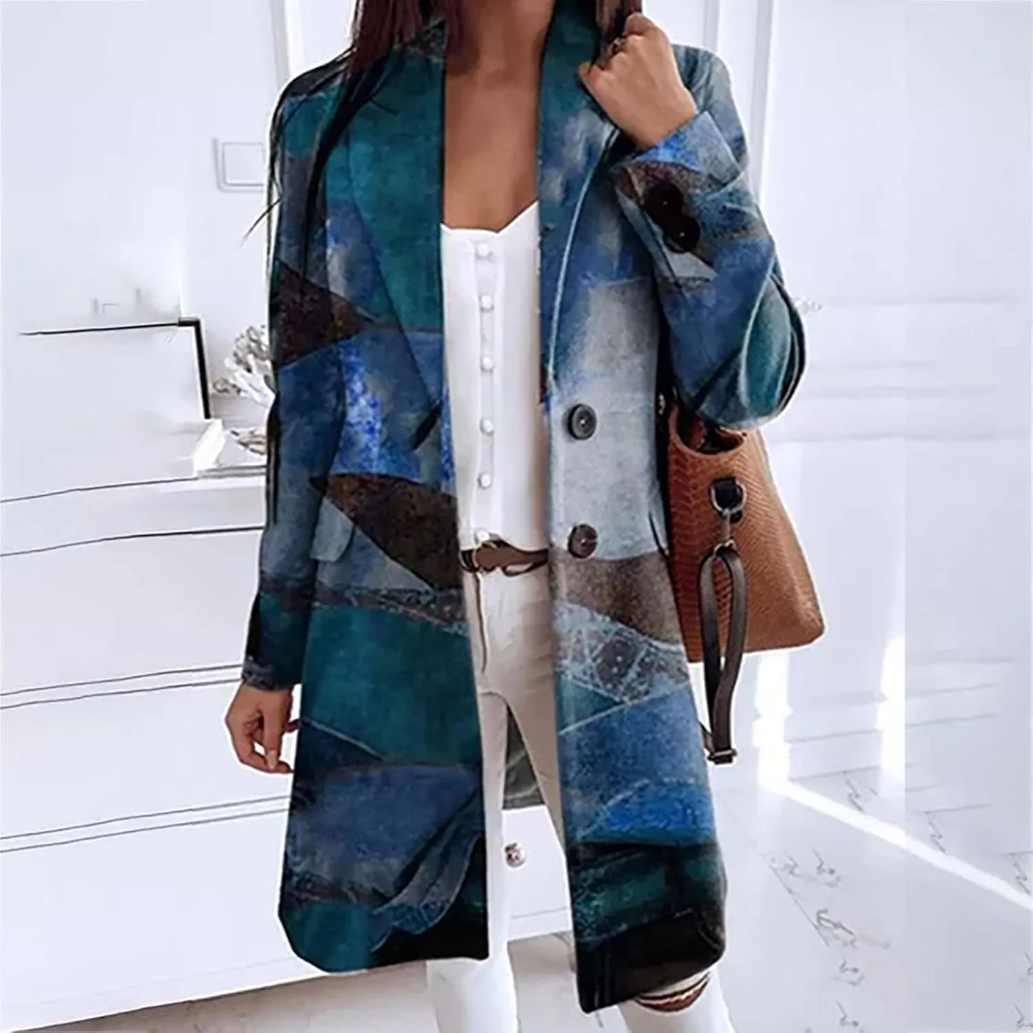 Blazers for Women Fashion Casual Fall Winter Vintage Print Long Woolen Coat Trench Coat Classic Lapel Button Jacket