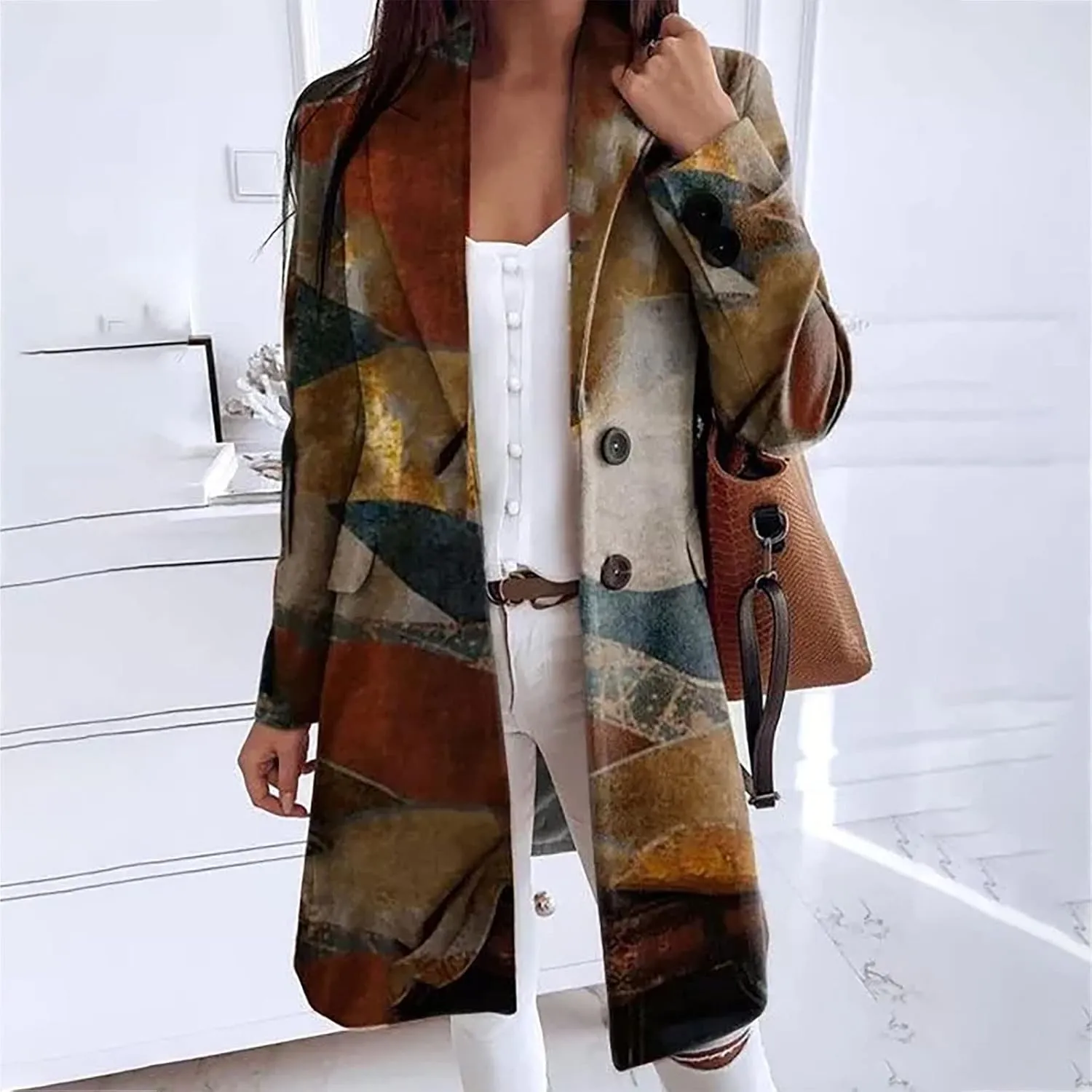 Blazers for Women Fashion Casual Fall Winter Vintage Print Long Woolen Coat Trench Coat Classic Lapel Button Jacket