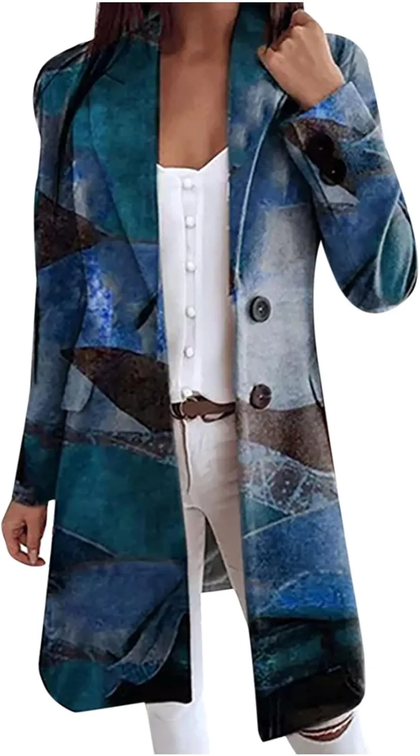 Blazers for Women Fashion Casual Fall Winter Vintage Print Long Woolen Coat Trench Coat Classic Lapel Button Jacket
