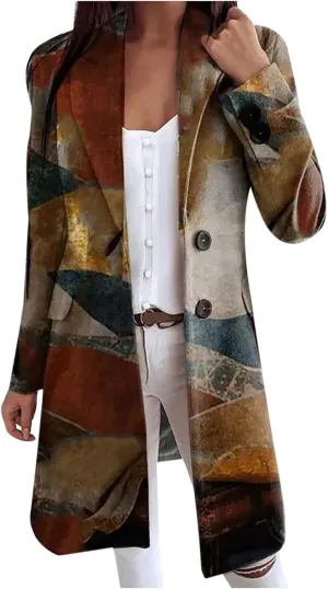 Blazers for Women Fashion Casual Fall Winter Vintage Print Long Woolen Coat Trench Coat Classic Lapel Button Jacket