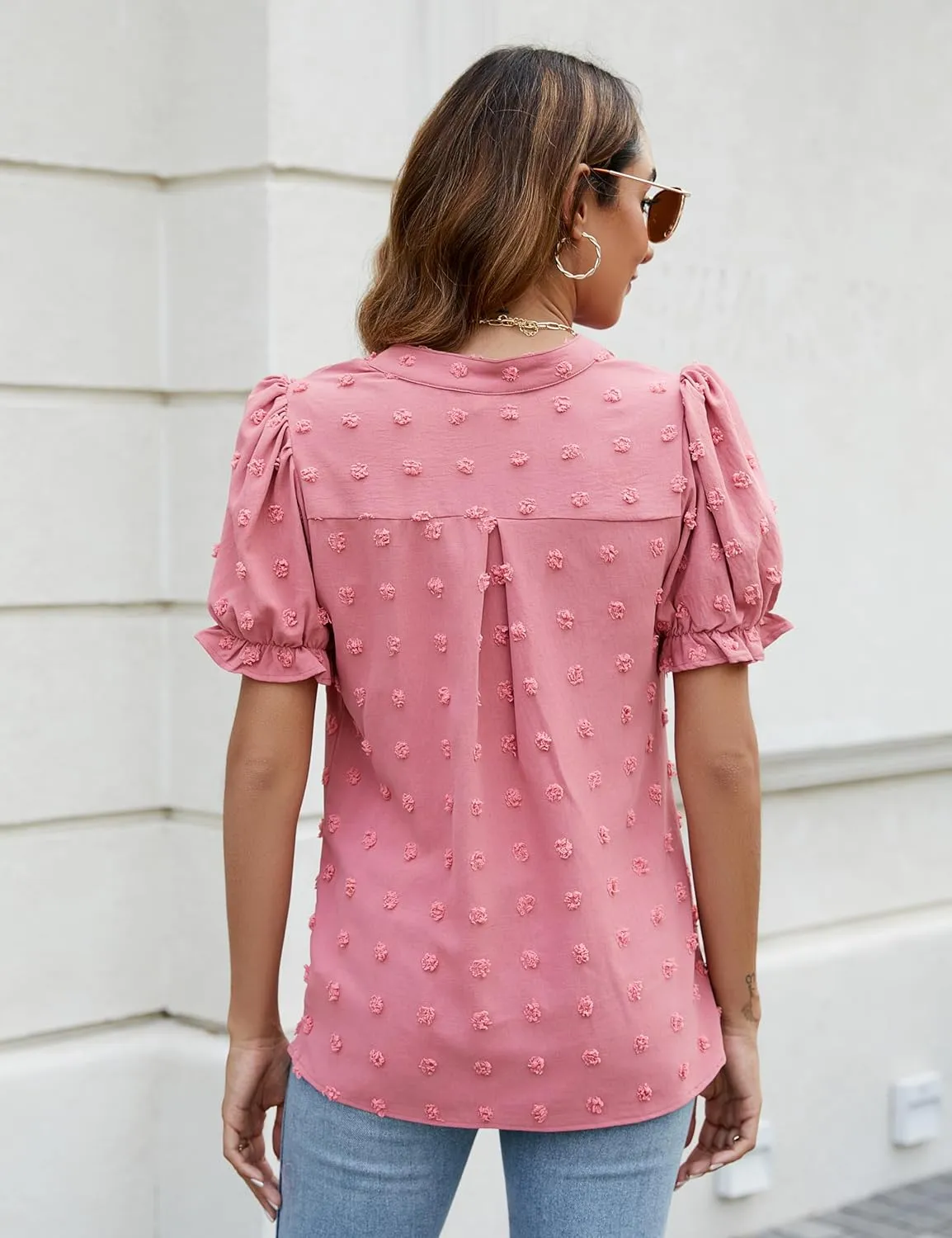 Blooming Jelly Women's Puff Sleeve Casual Tops Fashion White Polka Dot Blouses Dressy Ladies Summer Tops