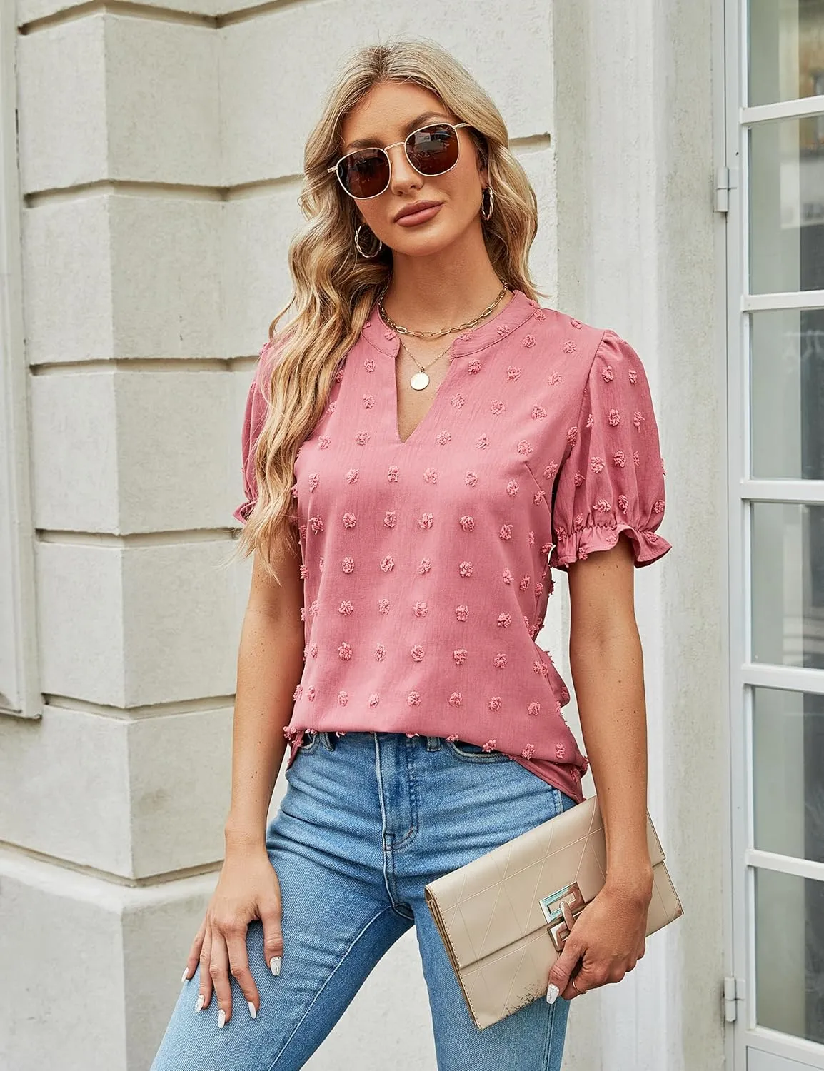 Blooming Jelly Women's Puff Sleeve Casual Tops Fashion White Polka Dot Blouses Dressy Ladies Summer Tops