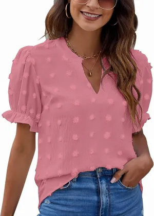 Blooming Jelly Women's Puff Sleeve Casual Tops Fashion White Polka Dot Blouses Dressy Ladies Summer Tops