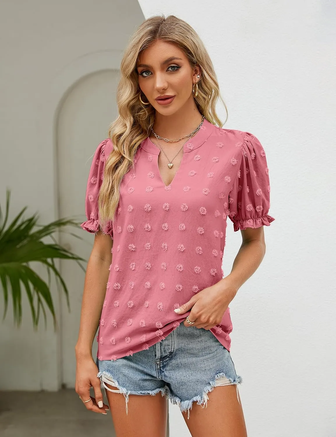 Blooming Jelly Women's Puff Sleeve Casual Tops Fashion White Polka Dot Blouses Dressy Ladies Summer Tops
