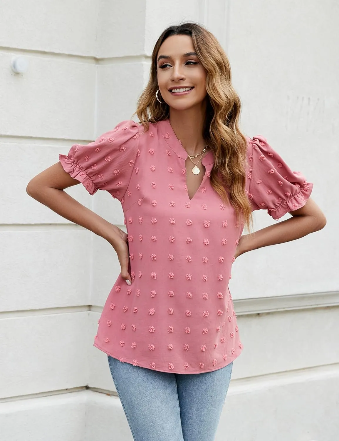Blooming Jelly Women's Puff Sleeve Casual Tops Fashion White Polka Dot Blouses Dressy Ladies Summer Tops