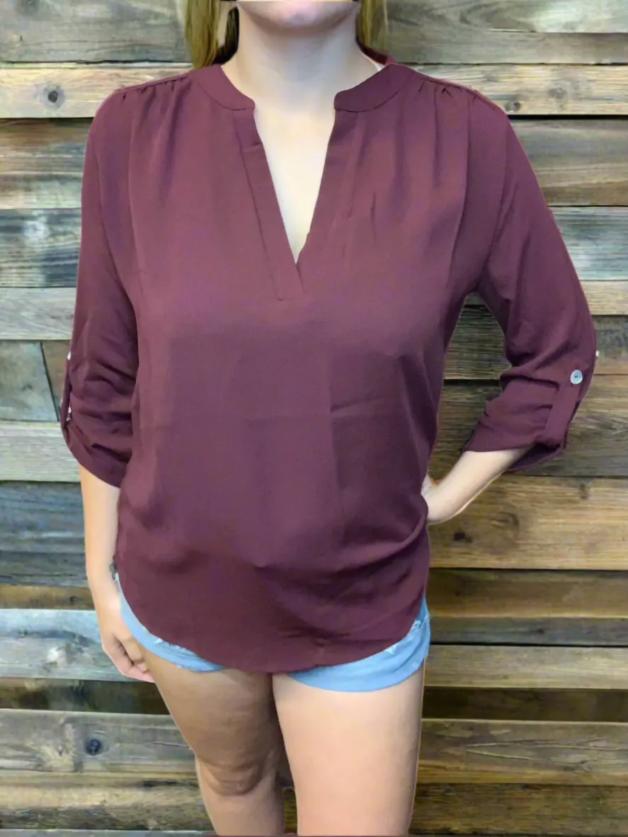 Blouse Split Neck Roll Up Sleeve QT-2500
