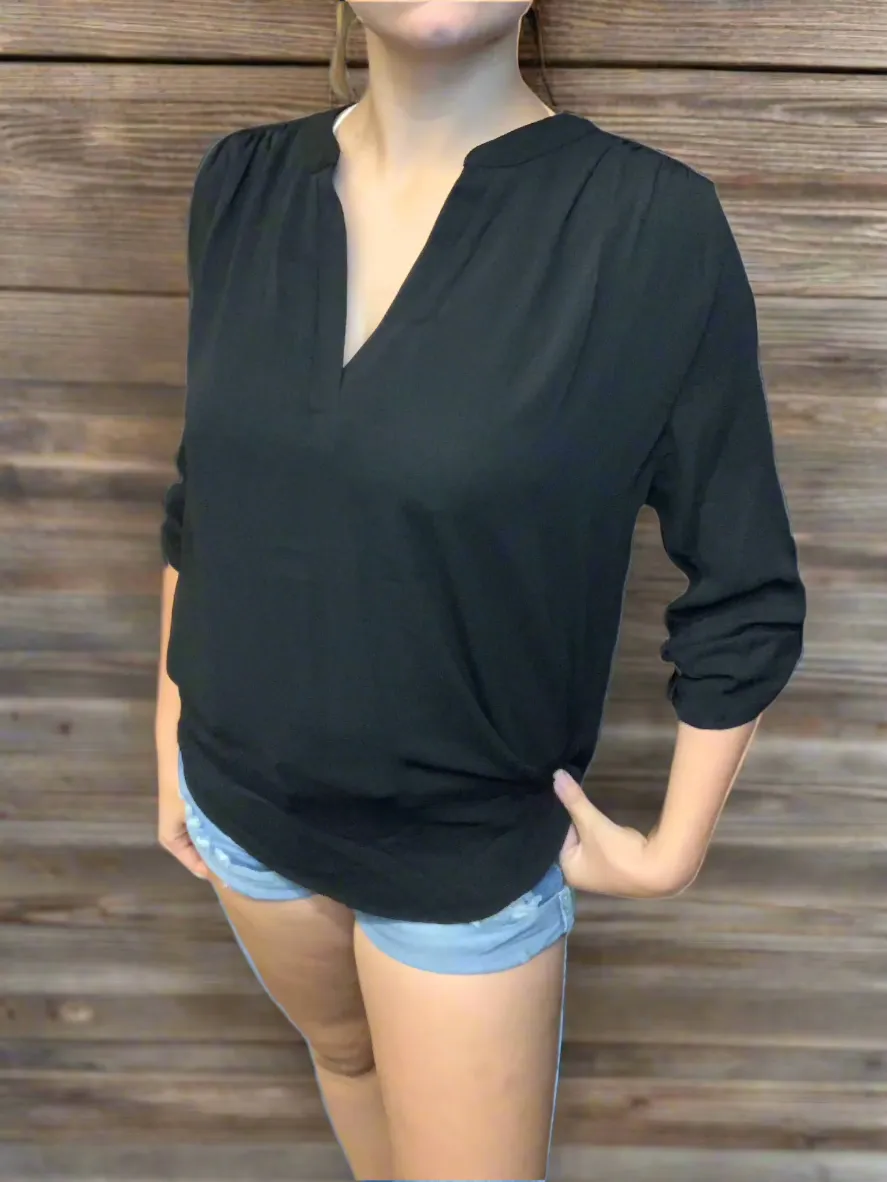 Blouse Split Neck Roll Up Sleeve QT-2500