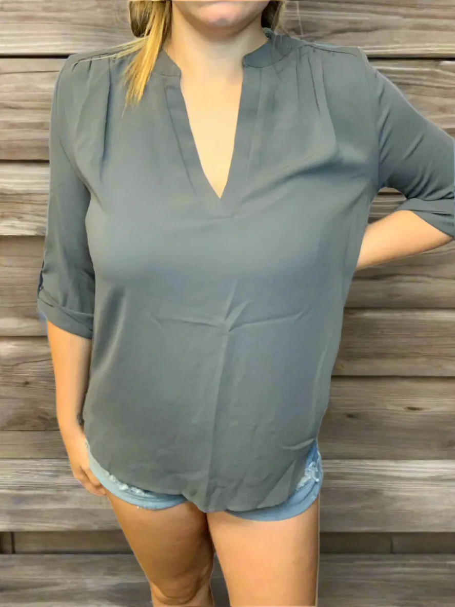 Blouse Split Neck Roll Up Sleeve QT-2500