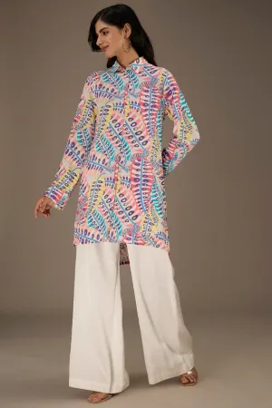 Blue Printed Roll-Up Sleeve Shirt Dress