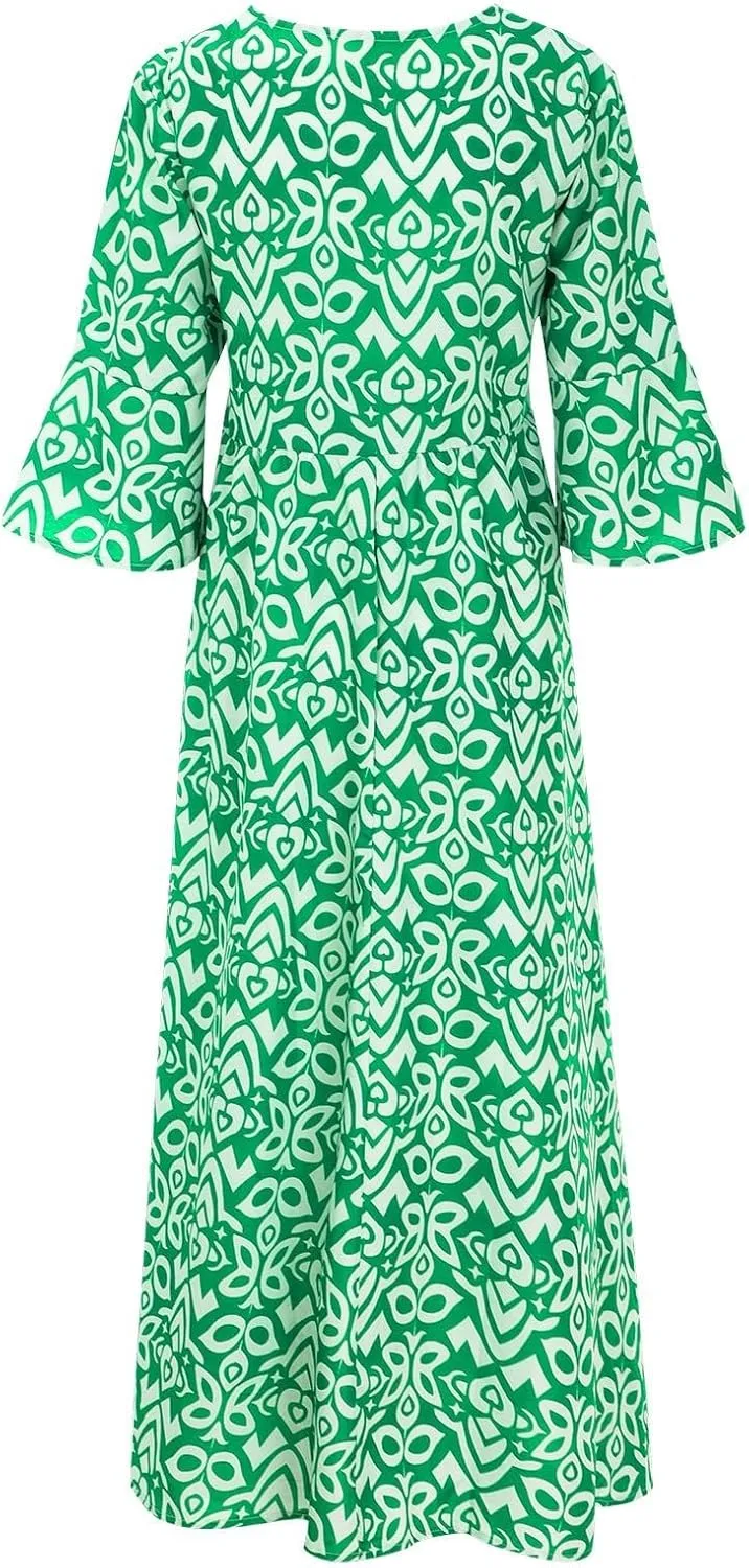 Boho Dresses for Women 2024 Plus Size Floral Print Beach Dress V Neck Elastic Waist Flowy Maxi Dress Summer Dresses