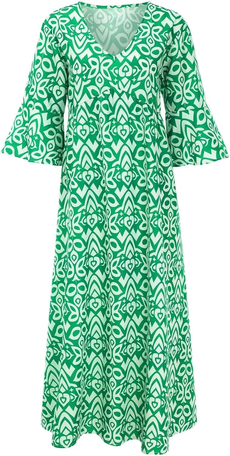 Boho Dresses for Women 2024 Plus Size Floral Print Beach Dress V Neck Elastic Waist Flowy Maxi Dress Summer Dresses
