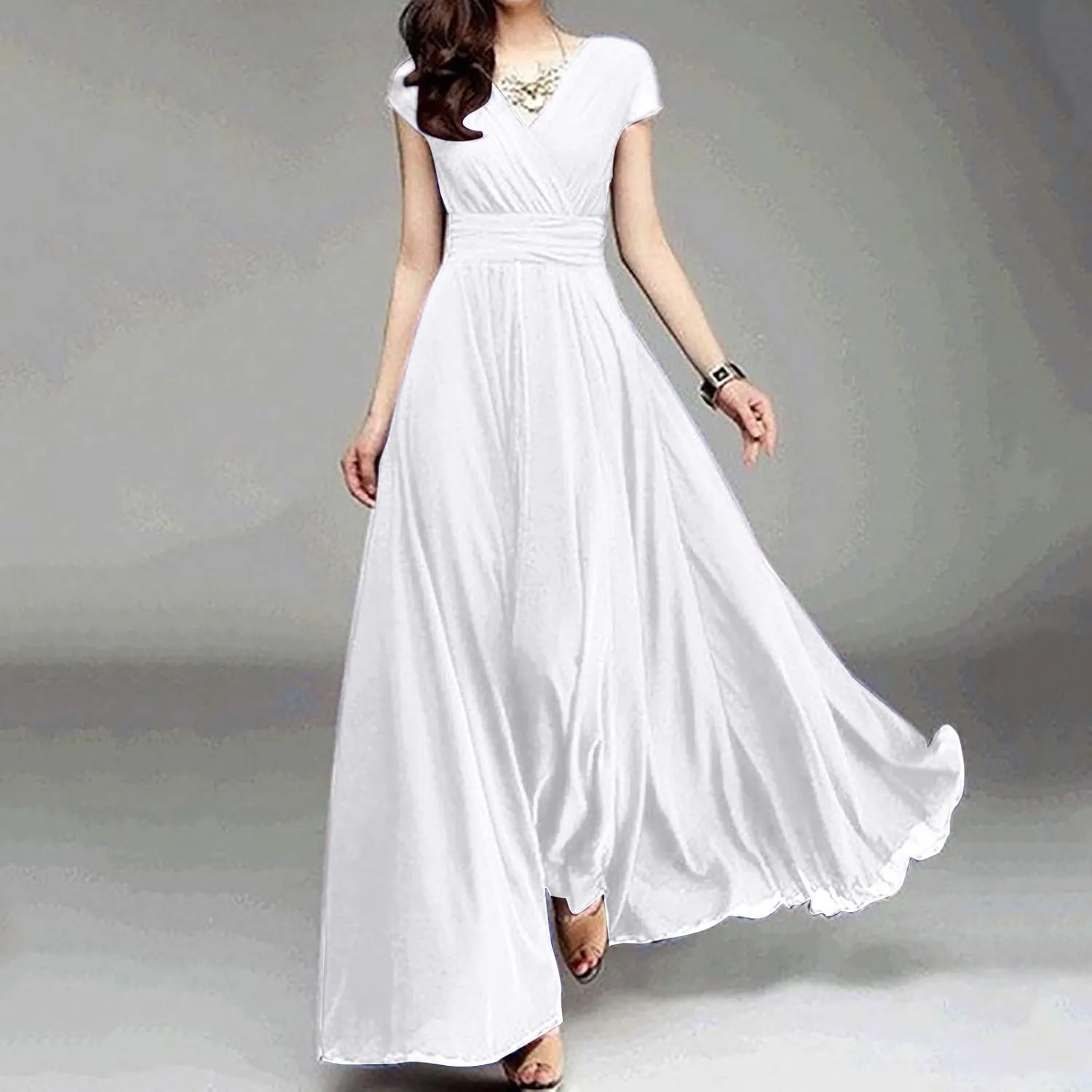 Boho Dresses for Women 2025 Plus Size Elegant Wrap V Neck Short Sleeve Ruched Wedding Gown Chiffon Swing Dress 2025