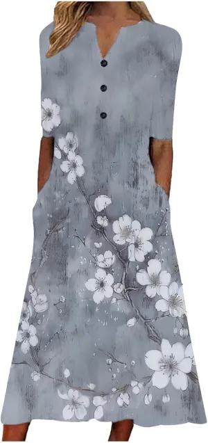 Boho Floral Dress for Women's Short Sleeve Button V Neck Dresses Vintage Casual Maxi Sundress Summer Beach Sundresses