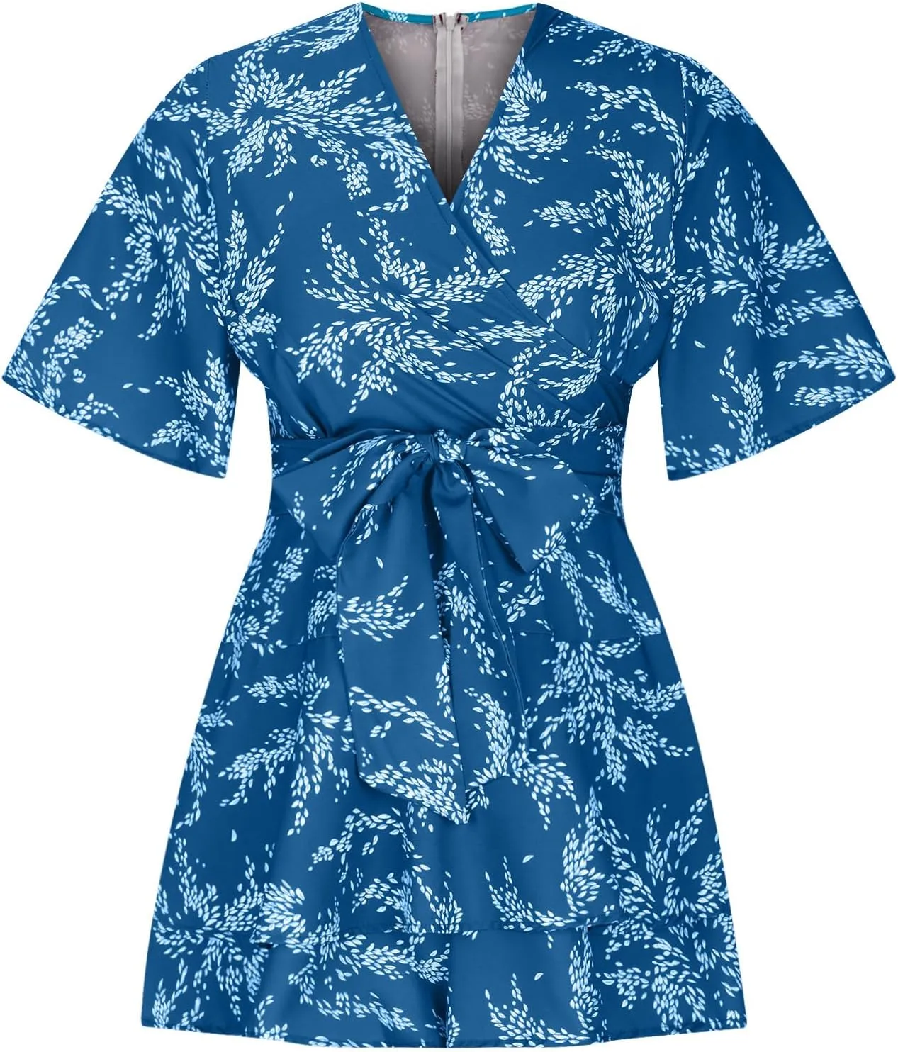 Boho Vacation Dresses for Women Summer 2024 Cocktail Casual Short Sleeve Wrap V Neck Tie Waisted Ruffle Layered Mini Dresses