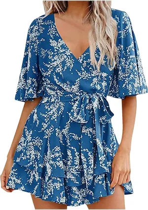 Boho Vacation Dresses for Women Summer 2024 Cocktail Casual Short Sleeve Wrap V Neck Tie Waisted Ruffle Layered Mini Dresses
